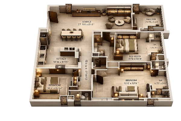 3 BED APARTMENT floor plan — 1850 SQFT